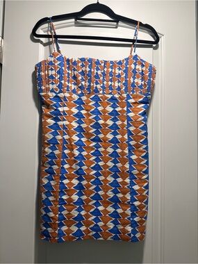 Maeve (By Anthropologie) Blue & Brown Geometric Spaghetti-Strap Mini Dress